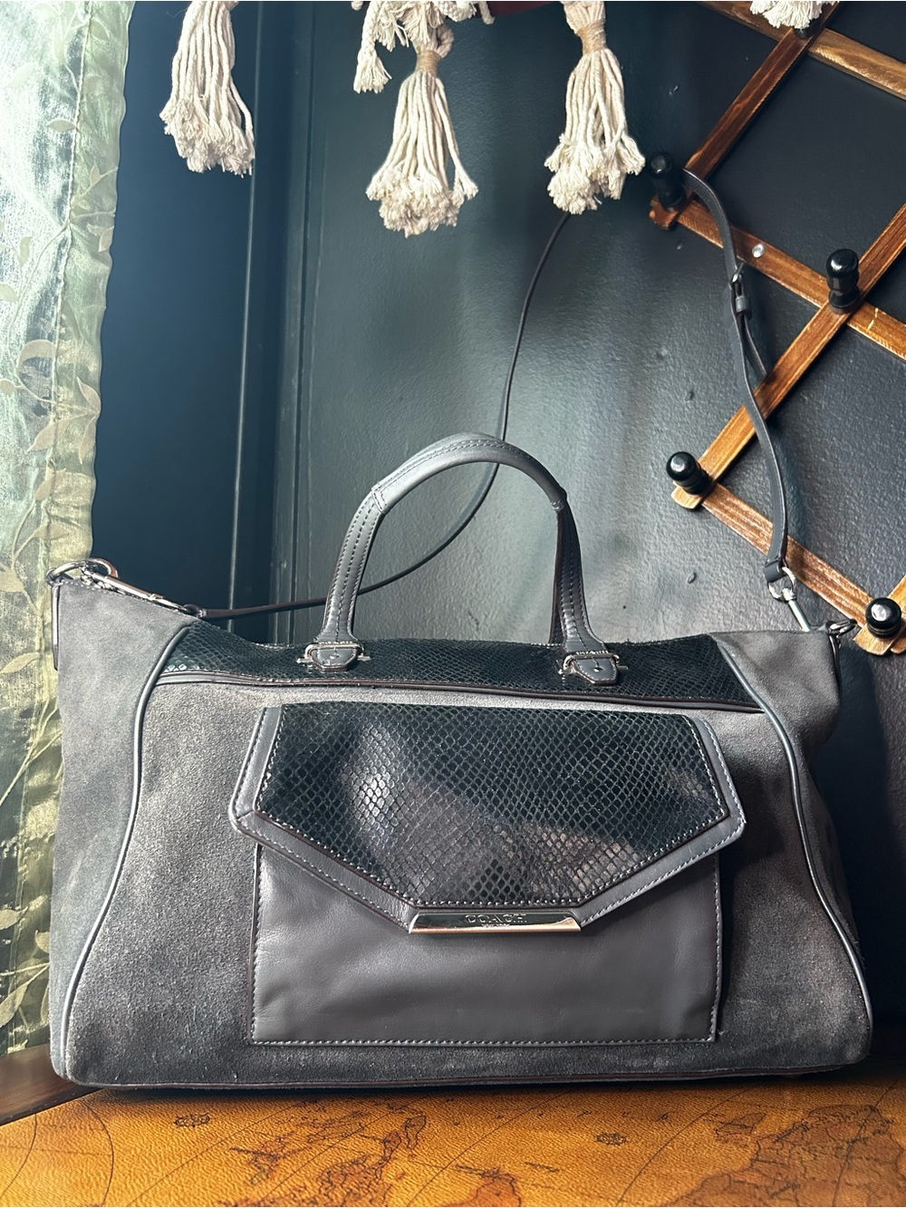 Coach Taylor Suede and Python-Embossed Leather Tote 2014 -EUC-